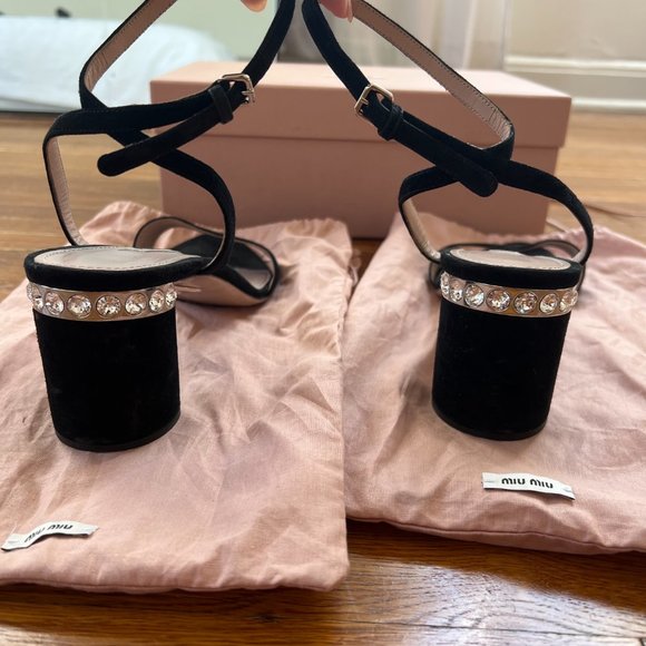 Miu Miu Suede Crystal Embellishments Block Heels - Picture 2 of 5